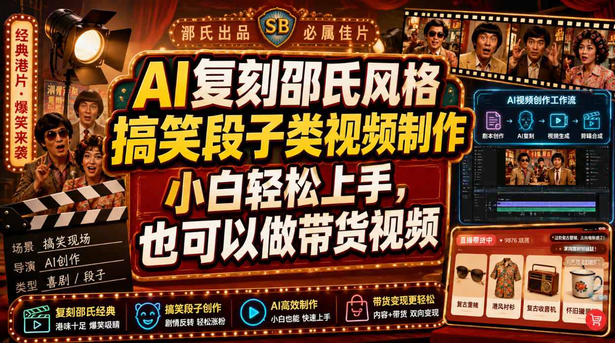 AI复刻邵氏风格搞笑段子类视频制作，小白轻松上手，也可以做带货视频-优品网赚资源库
