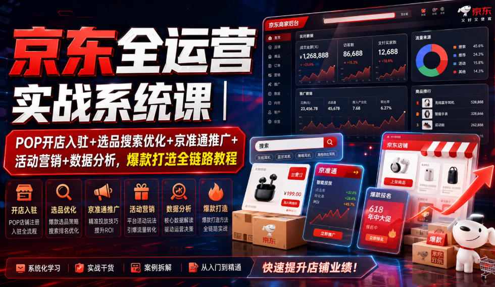 京东全运营实战系统课｜POP开店入驻+选品搜索优化+京准通推广+活动营销+数据分析，爆款打造全链路教程-优品网赚资源库