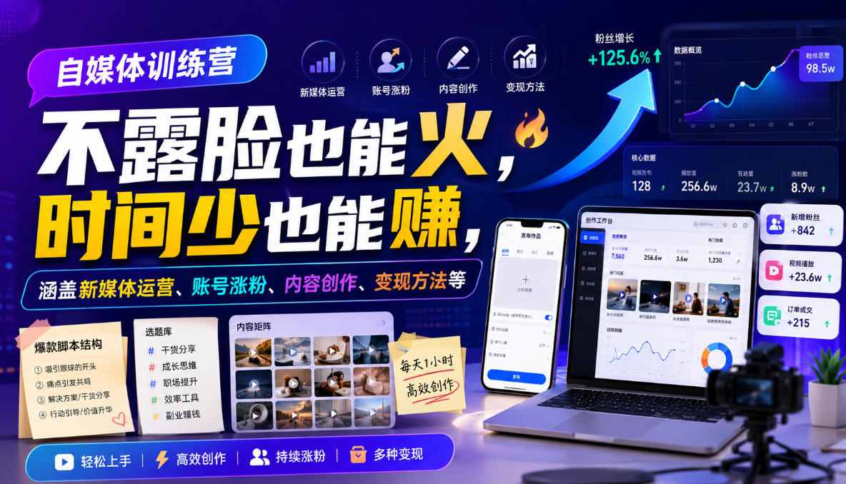 自媒体训练营，不露脸也能火，时间少也能賺，涵盖新媒体运营、账号涨粉、内容创作、变现方法等-优品网赚资源库