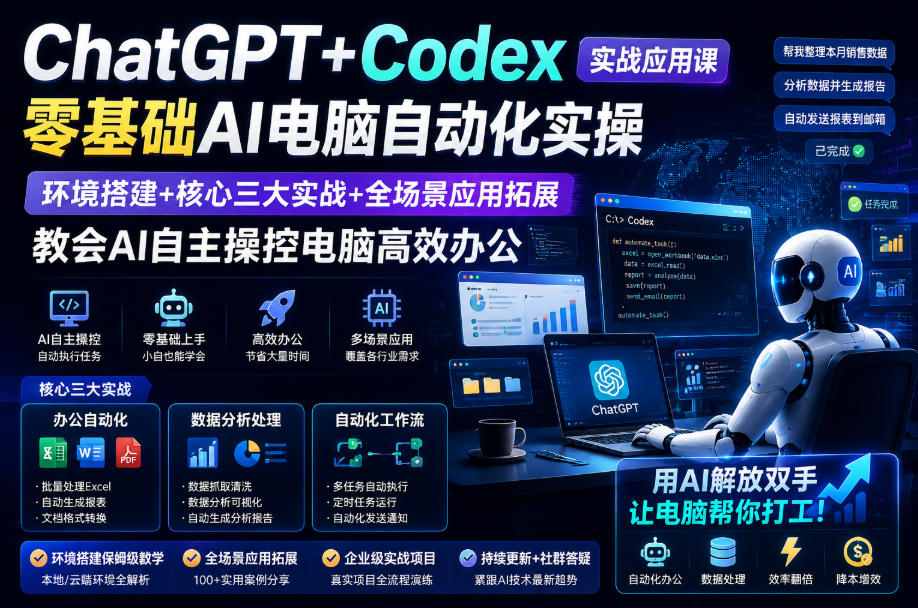 ChatGPT+Codex实战应用课｜零基础AI电脑自动化实操，环境搭建+核心三大实战+全场景应用拓展，教会AI自主操控电脑高效办公-优品网赚资源库