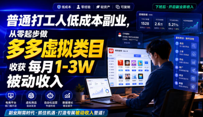 普通打工人低成本副业，从零起步做多多虚拟类目，收获每月1-3W被动收入【揭秘】-优品网赚资源库