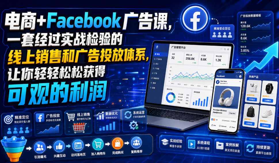电商+Facebook广告课，一套经过实战检验的线上销售和广告投放体系，让你轻轻松松获得可观的利润【原创双语字幕】-优品网赚资源库