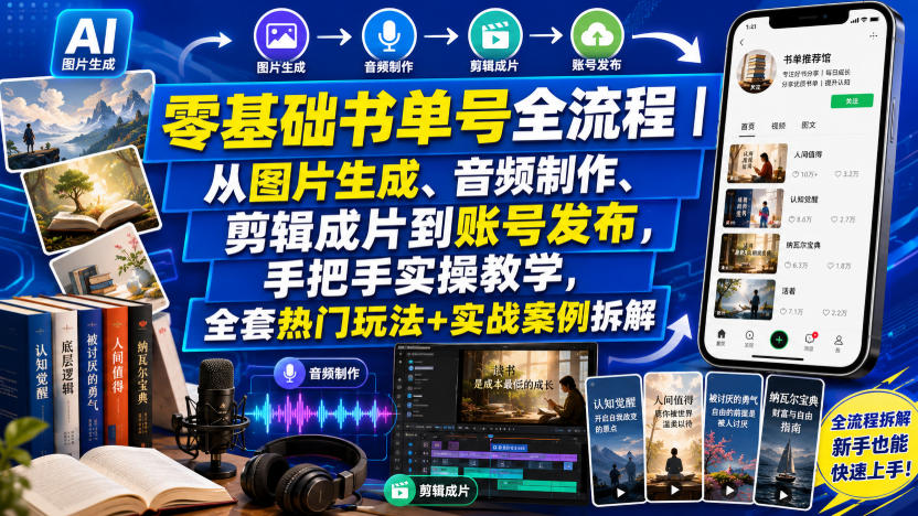 零基础书单号全流程｜从图片生成、音频制作、剪辑成片到账号发布，手把手实操教学，全套热门玩法+实战案例拆解-优品网赚资源库