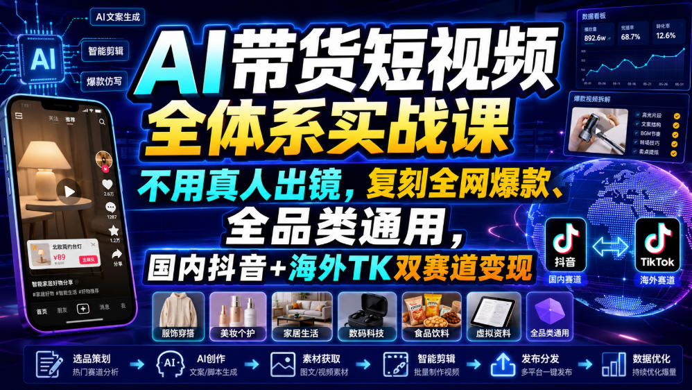 AI带货短视频全体系实战课，不用真人出镜，复刻全网爆款、全品类通用，国内抖音+海外TK双赛道变现-优品网赚资源库