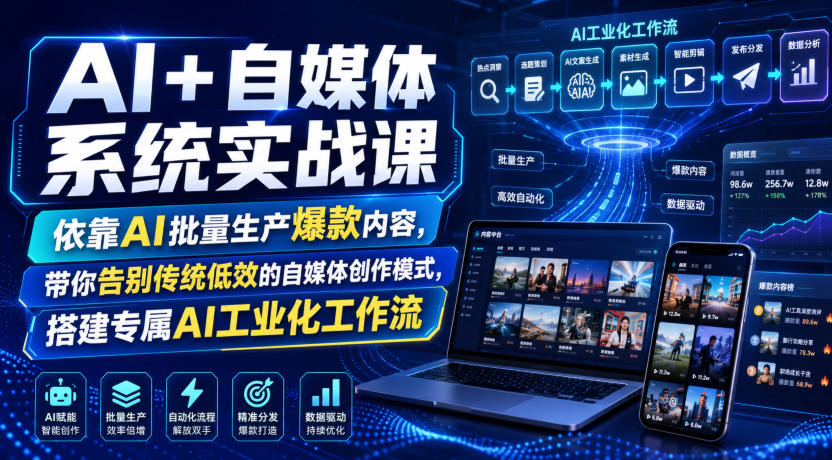AI+自媒体系统实战课，依靠AI批量生产爆款内容，带你告别传统低效的自媒体创作模式，搭建专属AI工业化工作流-优品网赚资源库