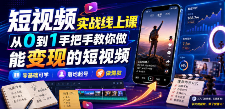 短视频实战线上课，从0到1手把手教你做能变现的短视频，零基础可学，落地起号做爆款-优品网赚资源库
